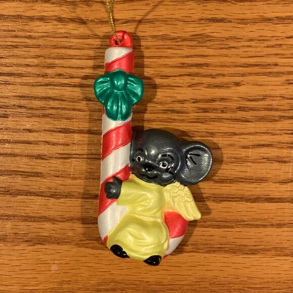 VINTAGE HANDMADE CERAMIC CHRISTMAS ORNAMENT, MOUSE HANGING ON A CANDY CANE - Picture 1 of 4